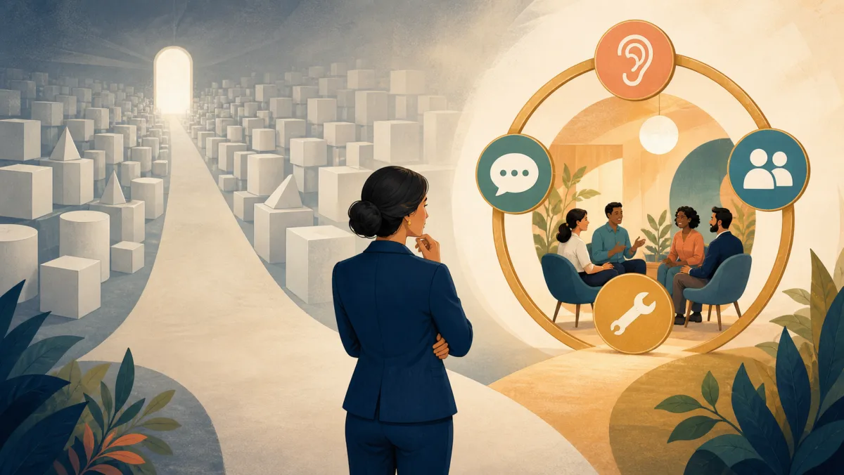 Professional choosing an active practice loop leading to a meeting instead of a vast archive of passive reference tiles