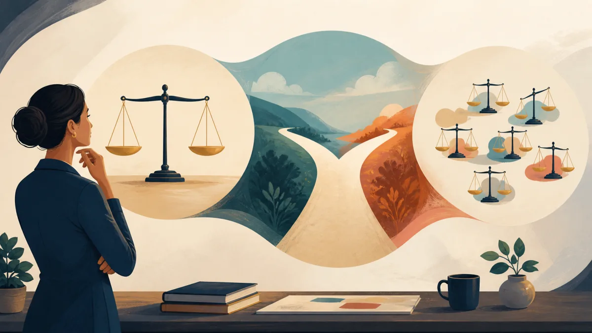 Professional compares one balanced scale, two diverging paths, and a group of smaller scales