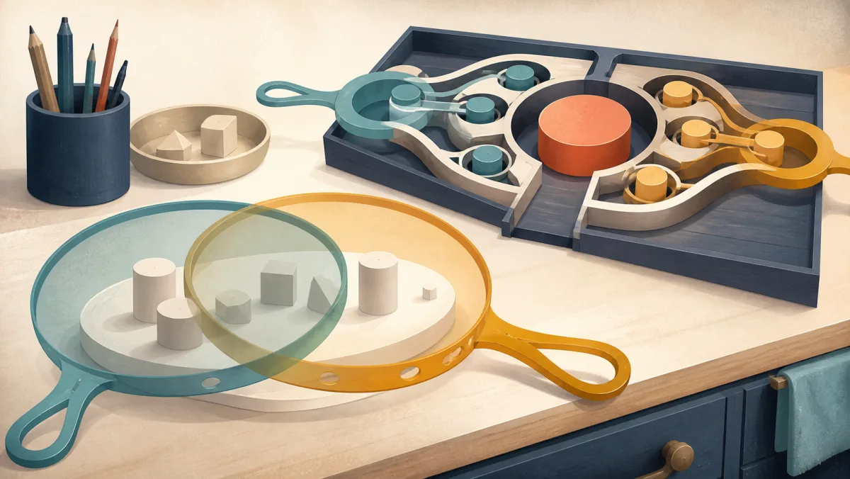 Overlapping teal and ochre tools beside a mechanism that separates one central token from several smaller tokens