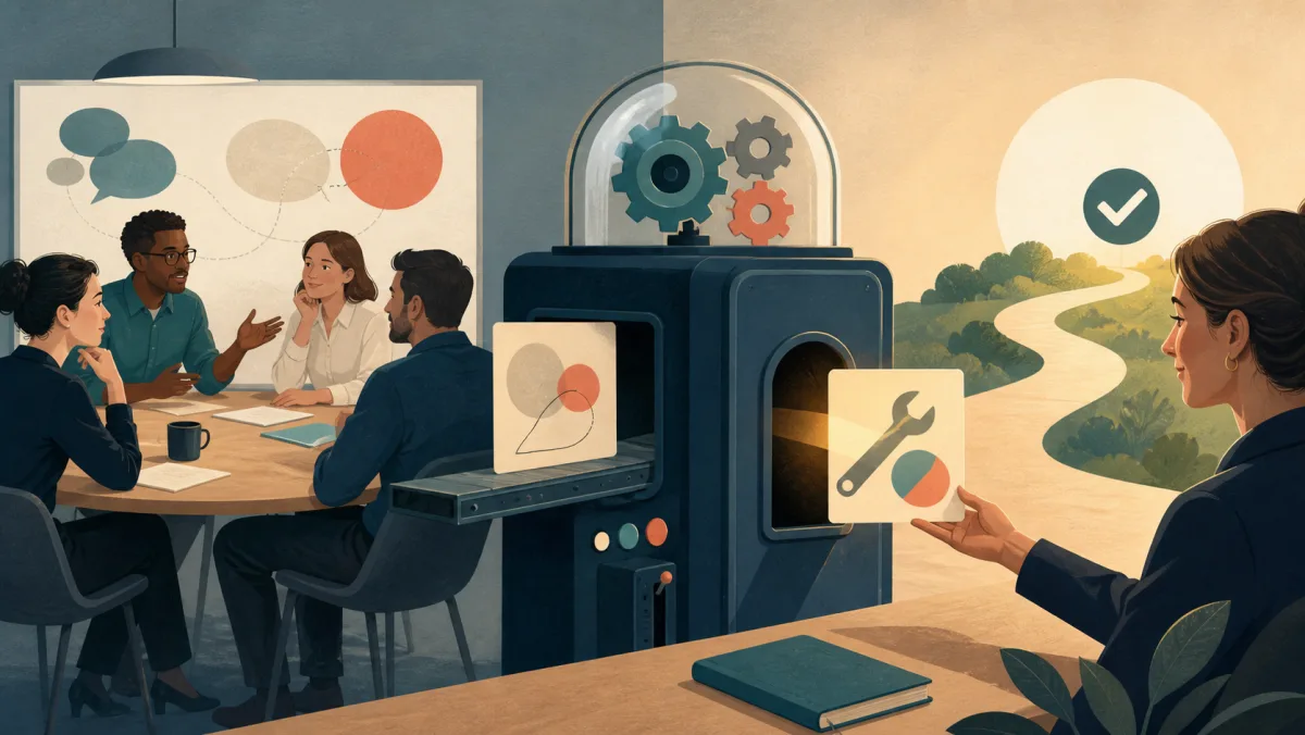 Meeting idea passes through a mechanism and emerges as a practical tool on a clear path to completion