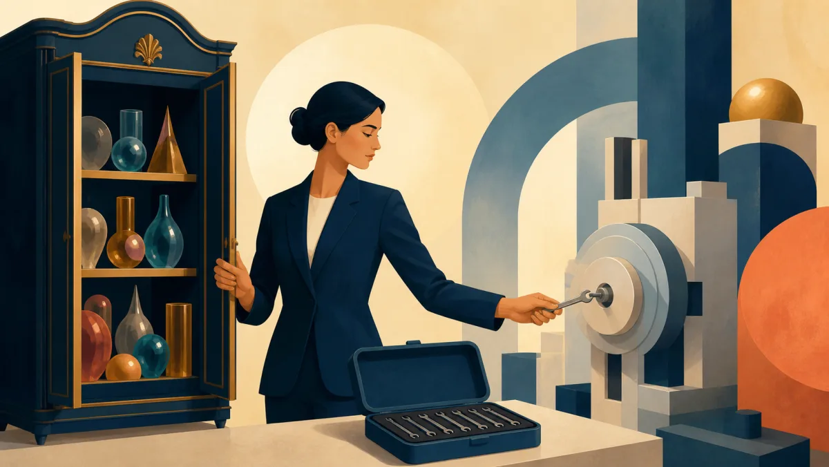 Professional selects one precise wrench from a compact toolkit while closing a cabinet of decorative objects