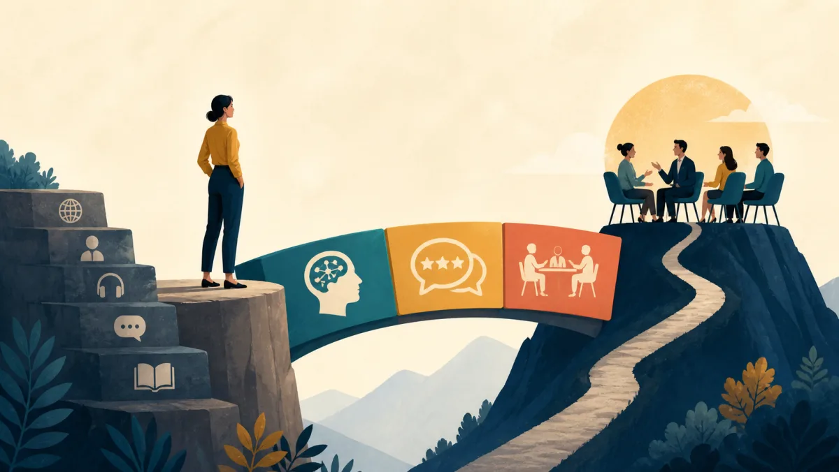 Professional crosses a bridge of retrieval, feedback, and meeting practice from an English-learning plateau