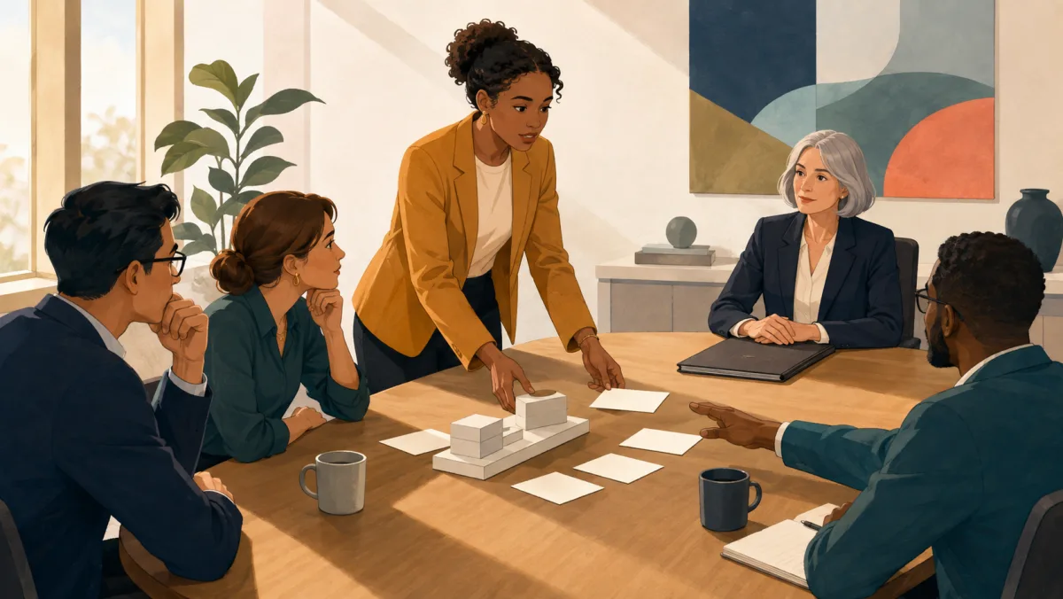 A professional presents a prototype and evidence cards while colleagues consider her proposal