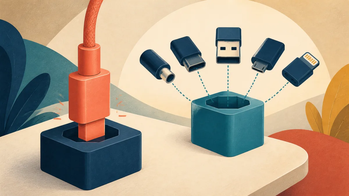 One plug fitted into a socket beside an adapter open to several connectors