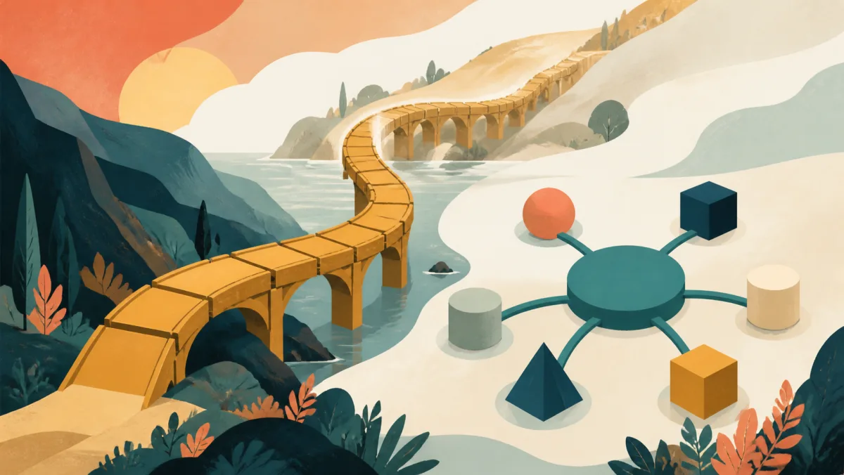 A curving bridge beside a hub connected to several geometric modules