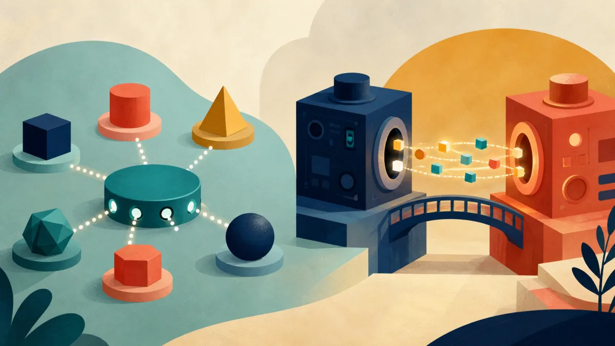 An open hub beside two machines exchanging colored blocks across a bridge