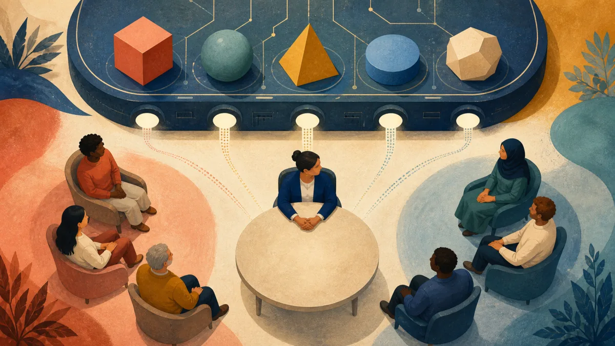 A mediator centered between two groups beneath a platform of varied shapes