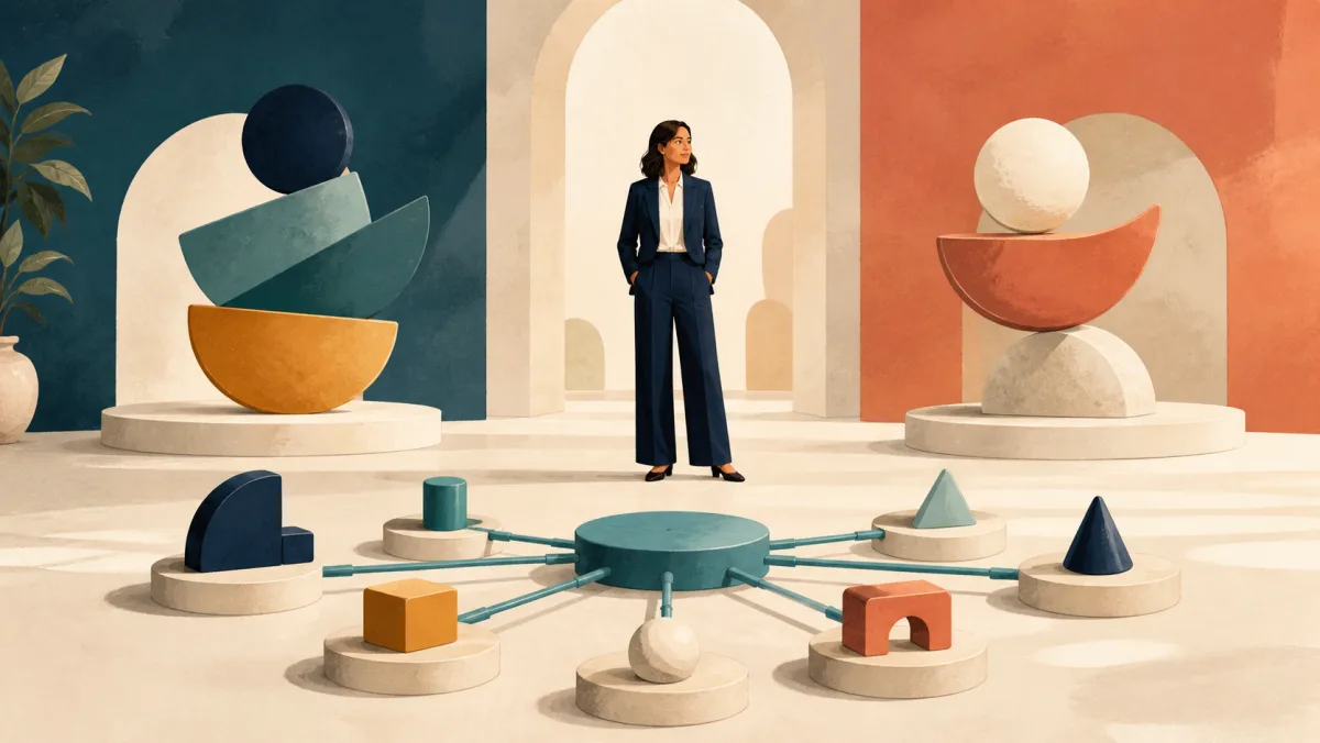 A professional between two sculptures behind a hub linked to varied forms
