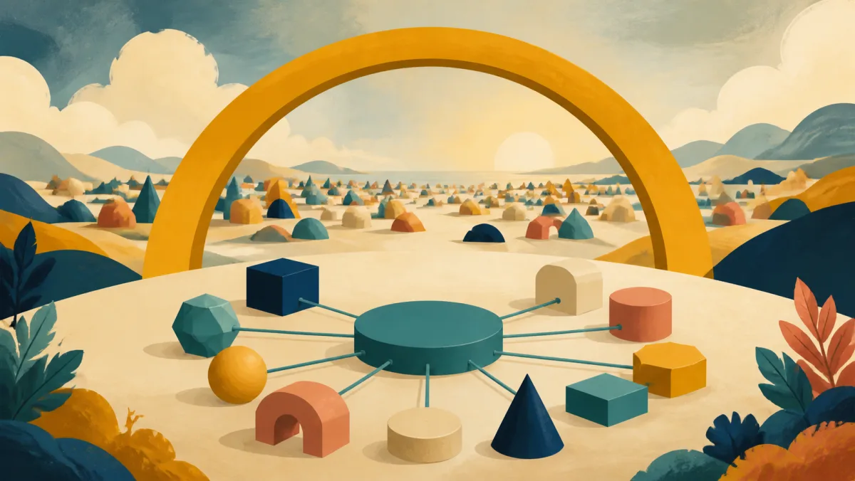 A hub supporting several shapes beneath a vast arch spanning many forms