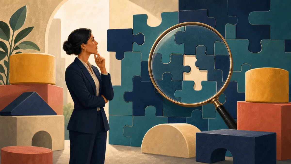 A professional using a magnifying glass to inspect gaps in a complex puzzle wall