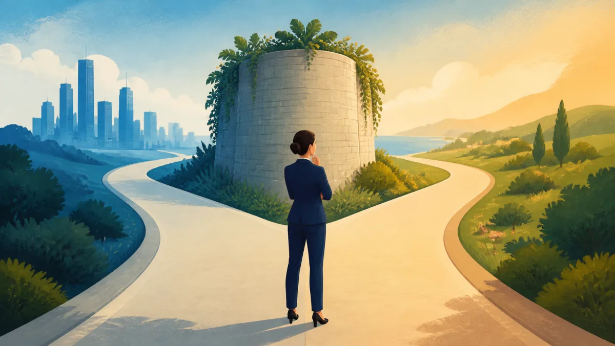 A professional chooses between two equally clear paths around a central structure