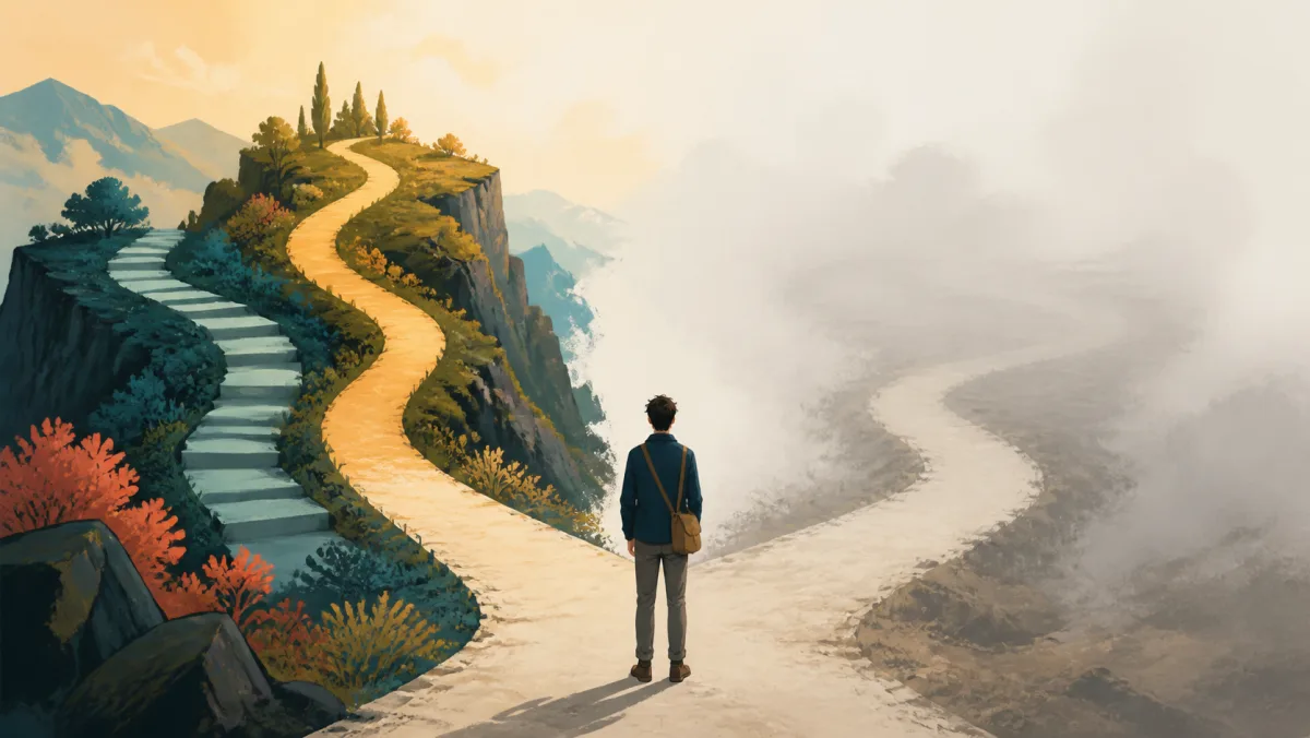 A professional faces two precise paths beside one broad route that disappears into fog
