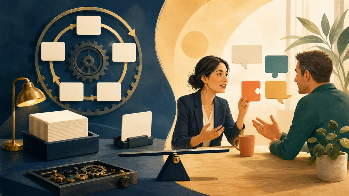 Blank memory cards in a clockwork loop beside two professionals practicing a conversation