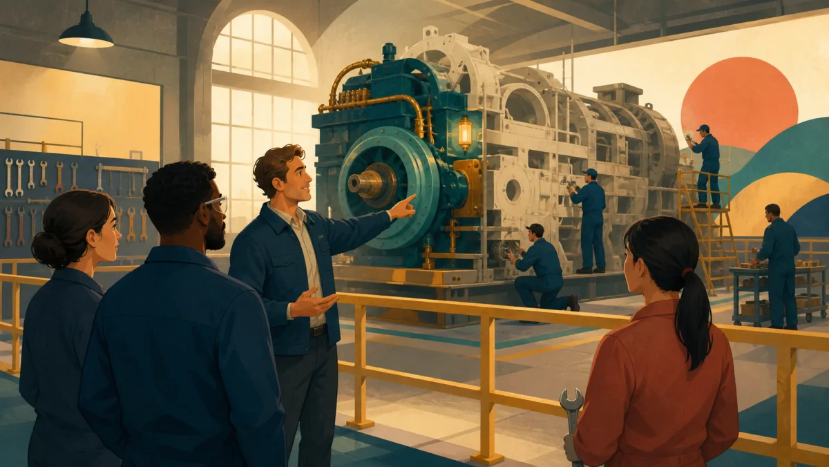 A leader presenting a large machine being rebuilt in measured stages