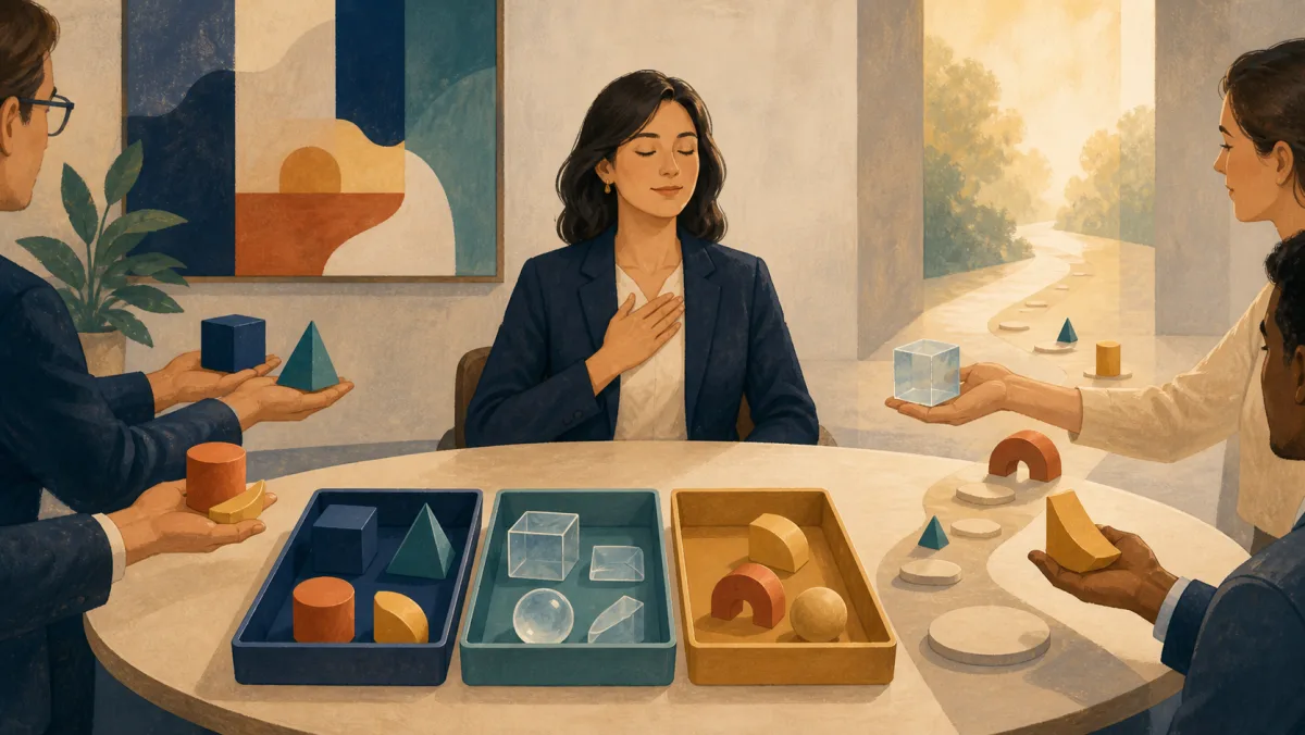 A calm professional sorting incoming geometric pieces into three trays