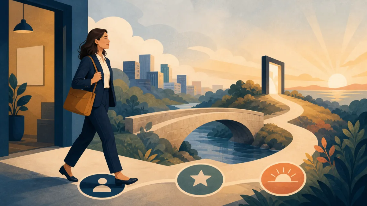 A professional following a path from a workplace doorway across a bridge toward opportunity