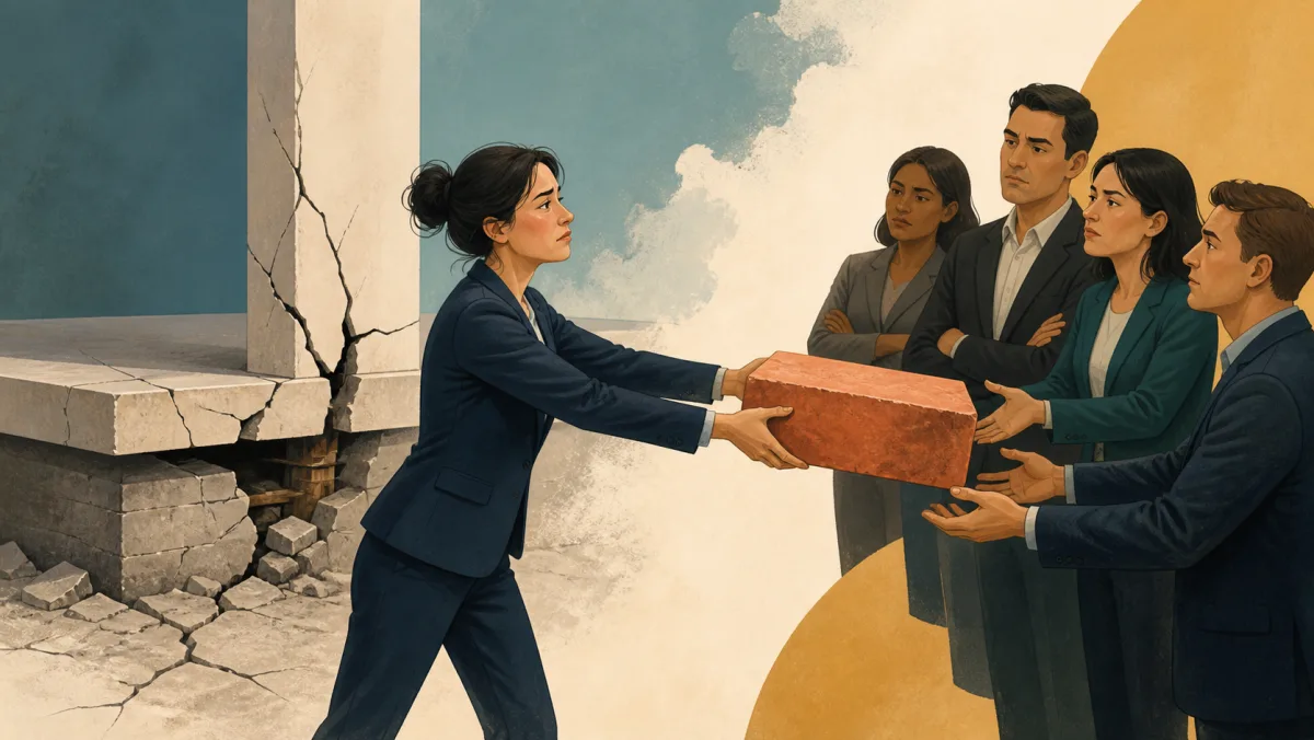 A professional gives a structural block to a demanding group while a cracked foundation remains behind