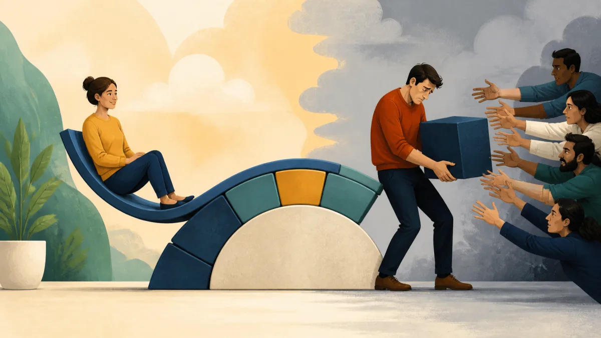 A flexible supported seat contrasts with a pressured professional carrying a large block toward reaching hands