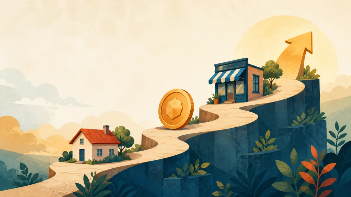 A house, token, and business rise together along an illuminated path