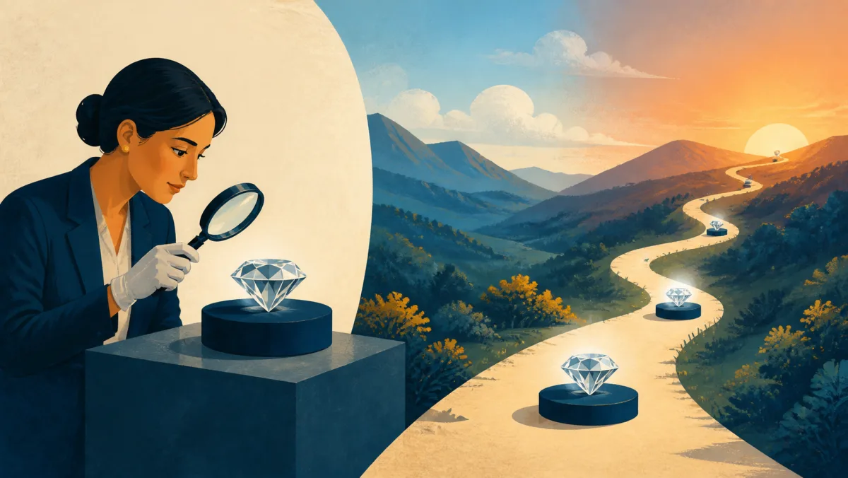 An expert examines a gem while similar gems rise gradually along a distant path