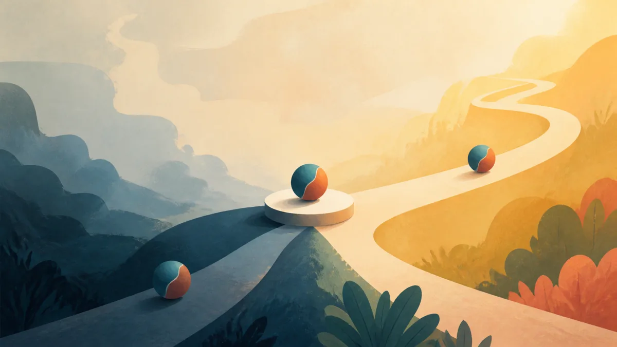 Matching assets follow separate rising and descending paths from one platform