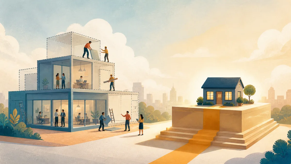 An expanding workplace structure contrasts with a compact house elevated on a valuable pedestal