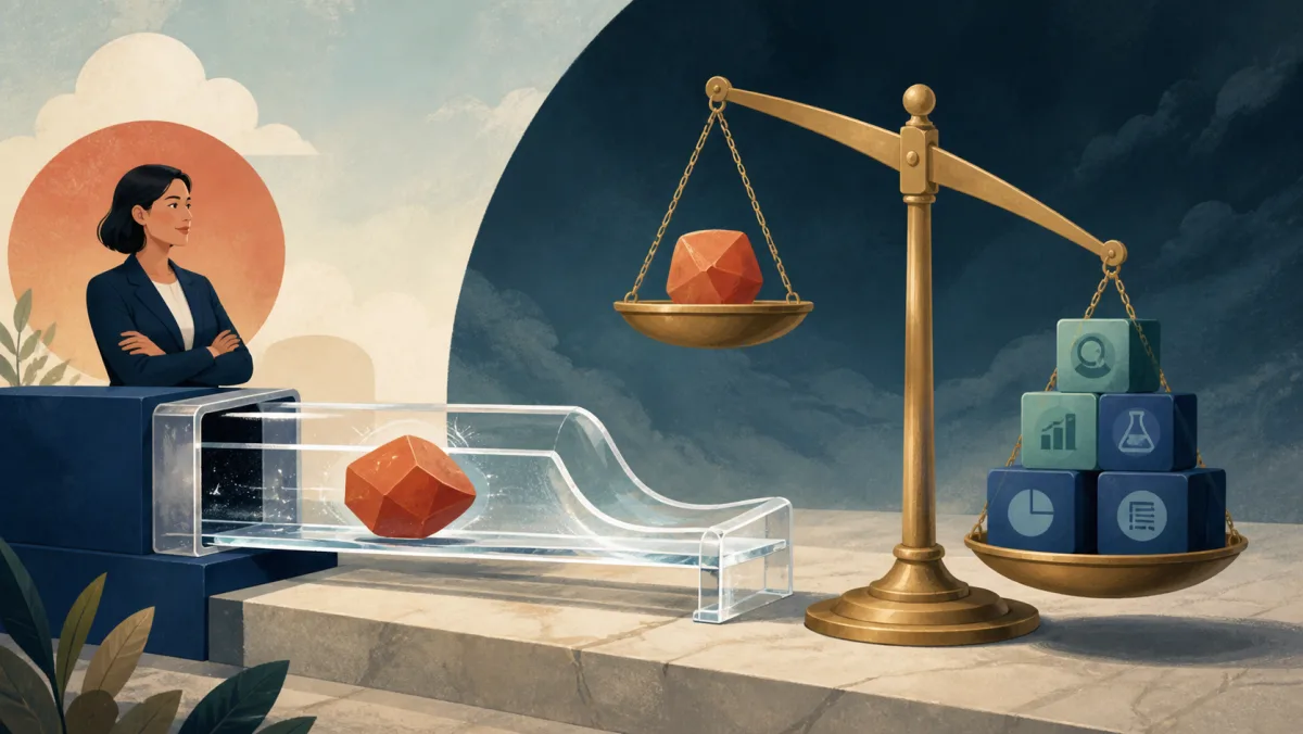 A polished shape passing through clear glass toward a scale outweighed by evidence blocks