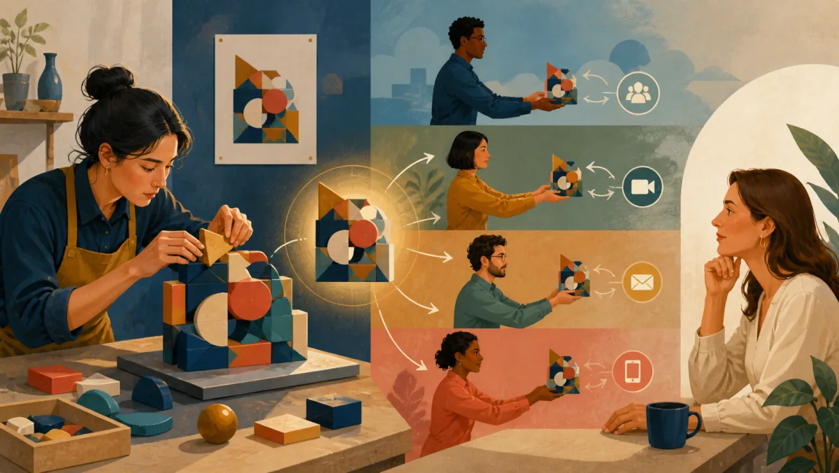 A craftsperson assembling an idea while colleagues carry it through several channels