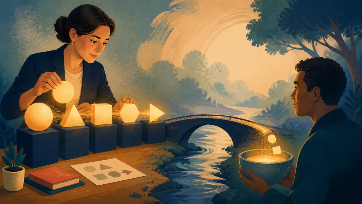 A professional arranging clear shapes as their light crosses a bridge to a listener