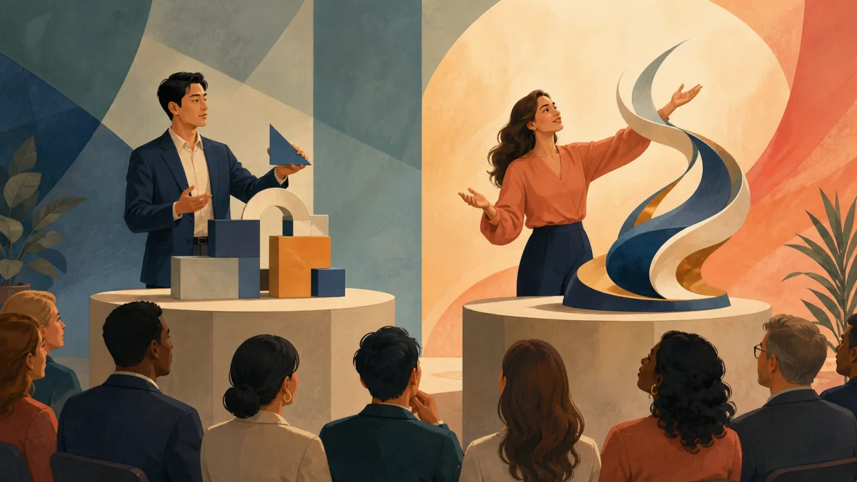 Two speakers present a precise geometric model and a graceful flowing sculpture