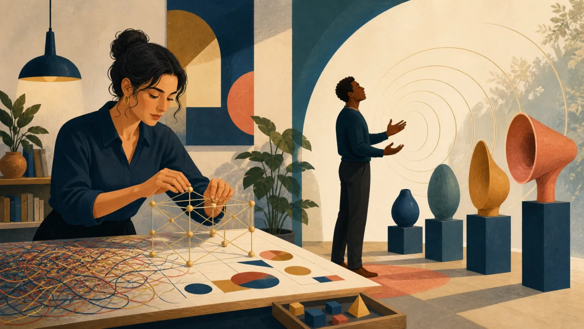 A professional builds a precise idea structure beside a speaker producing sound waves