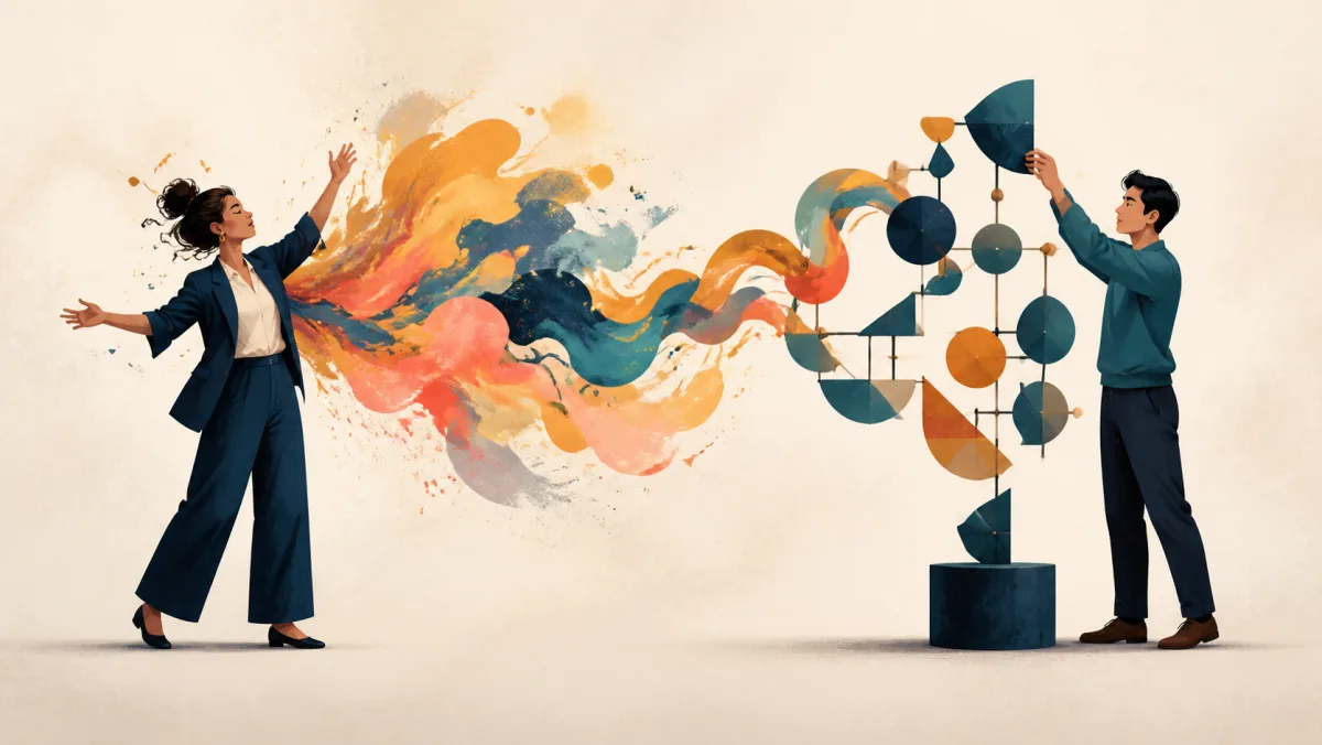 One professional releases a colorful cloud while another assembles it into a coherent sculpture