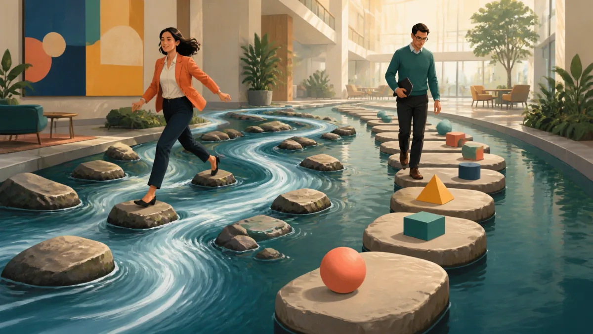 Two professionals cross a flowing indoor river by a fast meandering route and ordered stepping stones