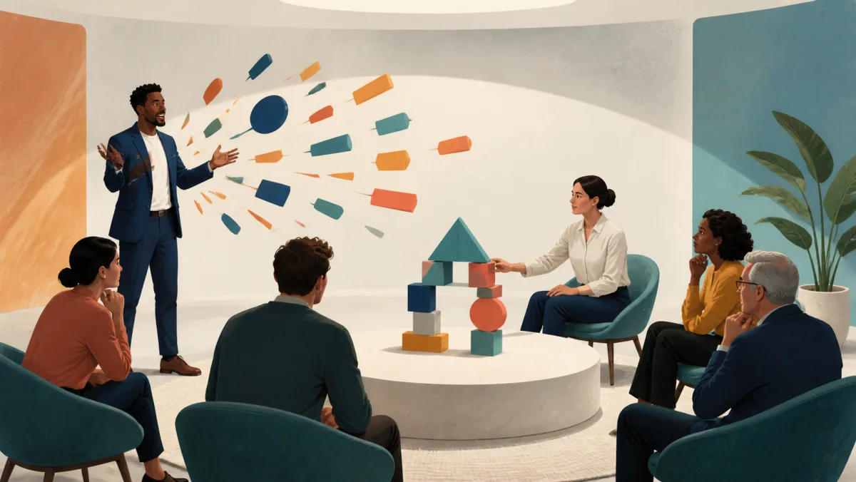 An energetic speaker sends many shapes forward while a quieter colleague builds one clear structure