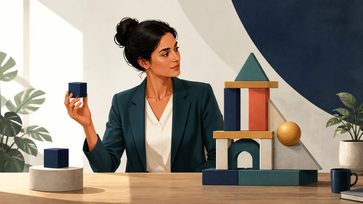 A professional holds a simple block beside a complex carefully assembled structure