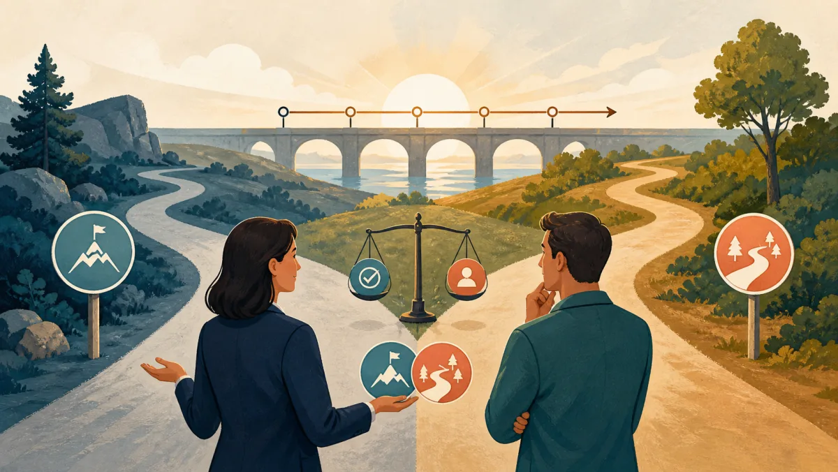 A consultant presents two project routes and a trade-off balance to a client at a fork
