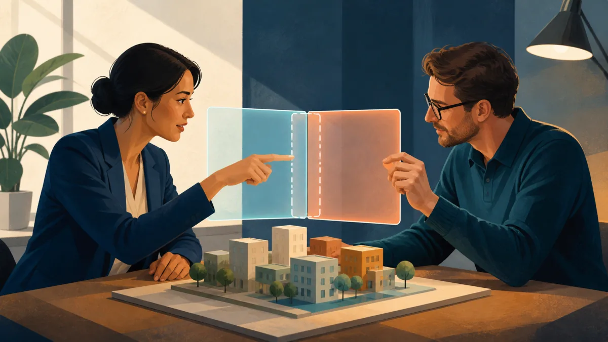 A consultant and client align two translucent project frames over a shared model