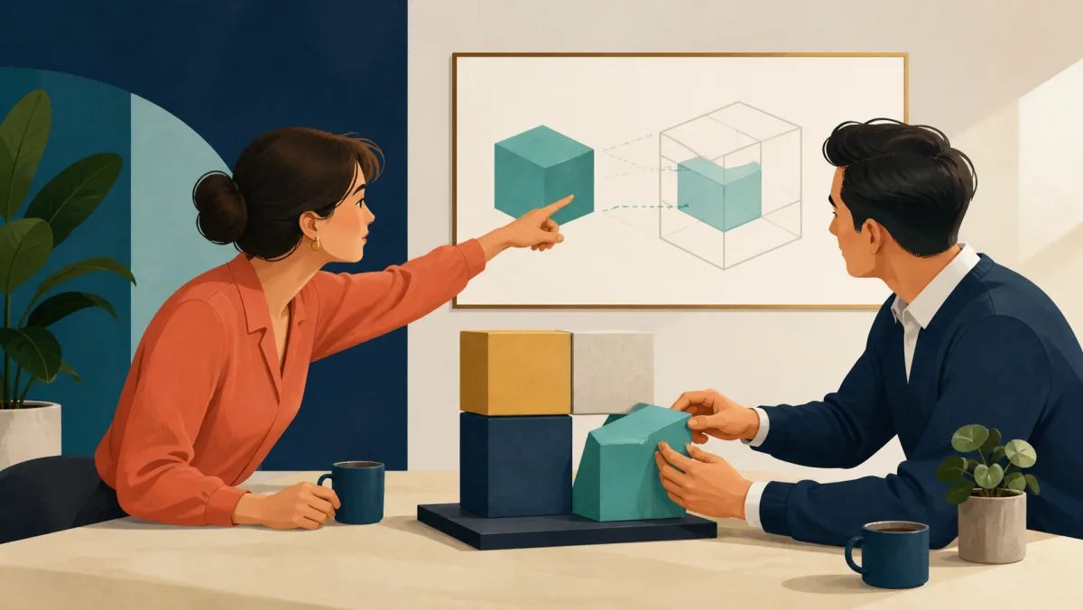 A consultant and client adjust a modular prototype to fit a clear expectation frame