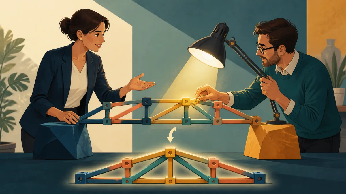 A colleague shines a focused light on one joint of a modular structure and strengthens it