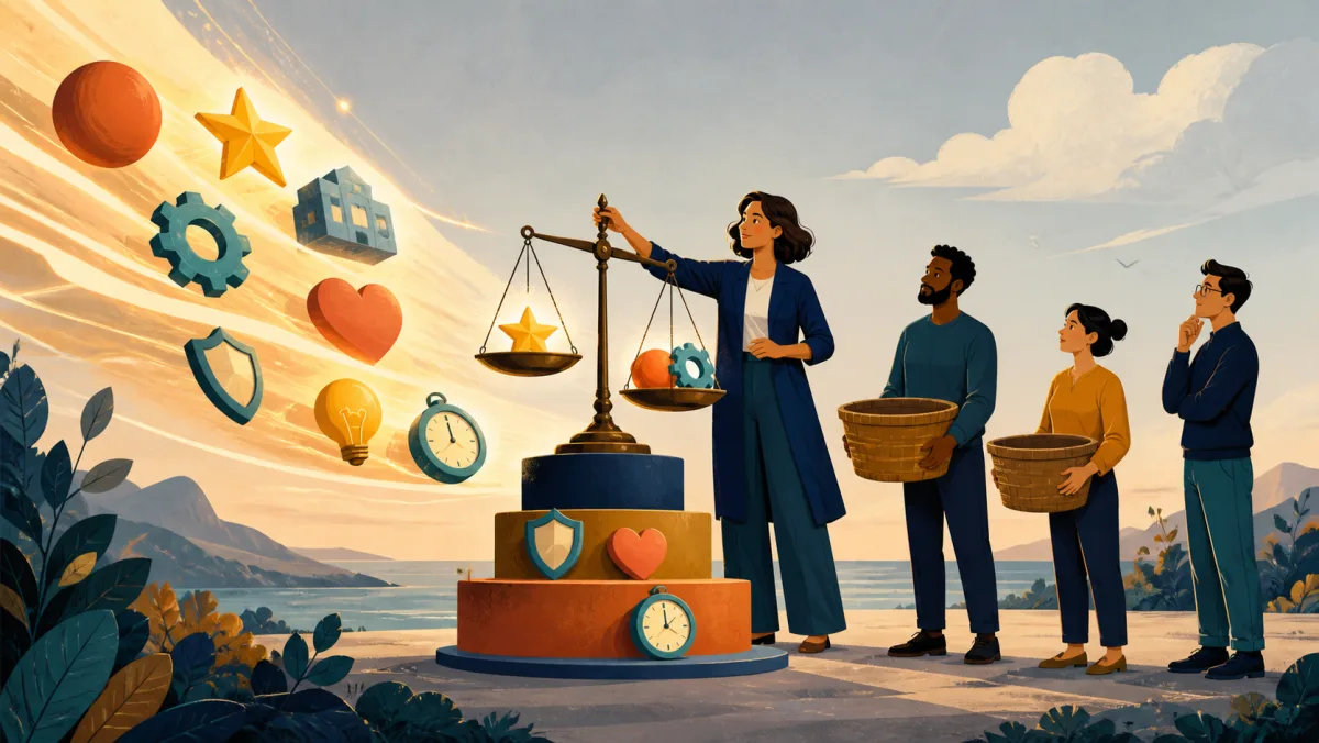 A leader balances incoming urgent objects while teammates hold limited-capacity baskets
