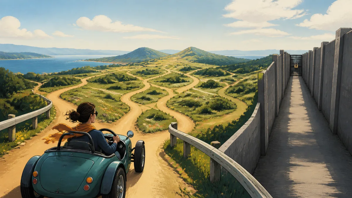 A driver chooses among many routes within low guardrails beside a narrow locked corridor
