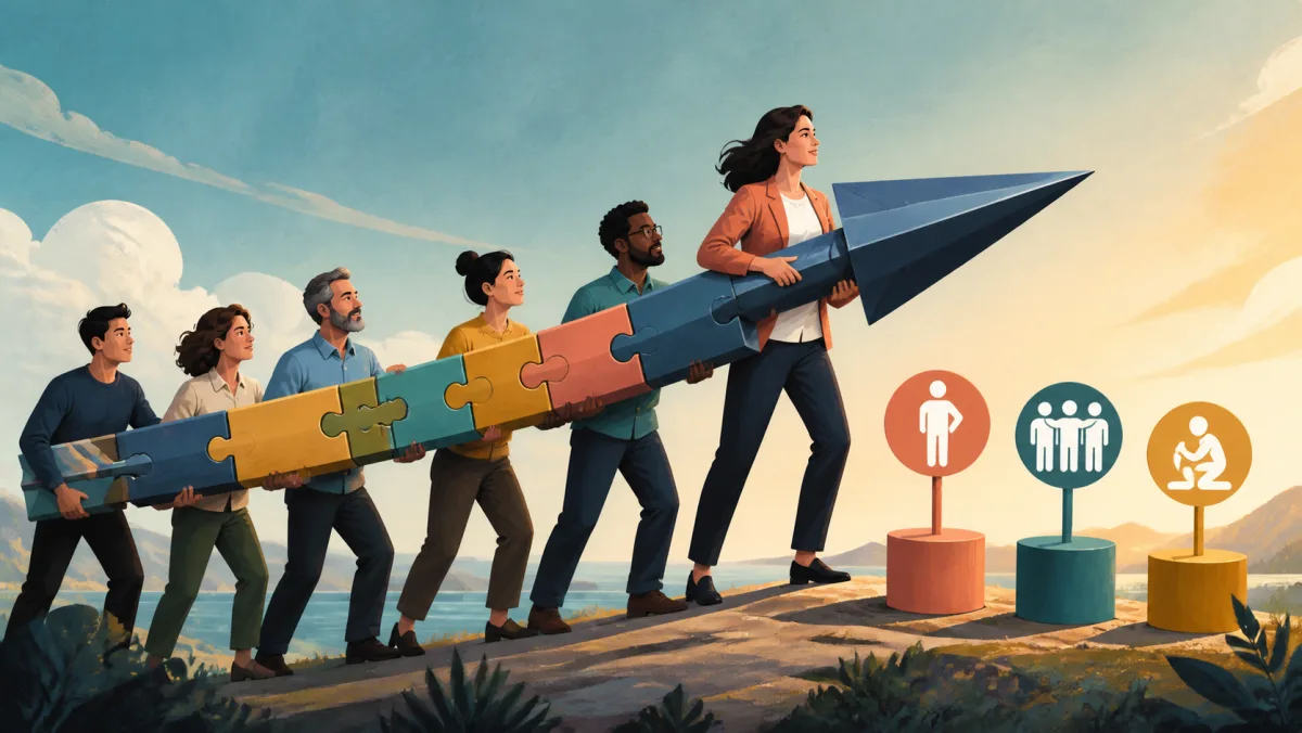 A project leader holds the point of a shared directional structure supported by a team