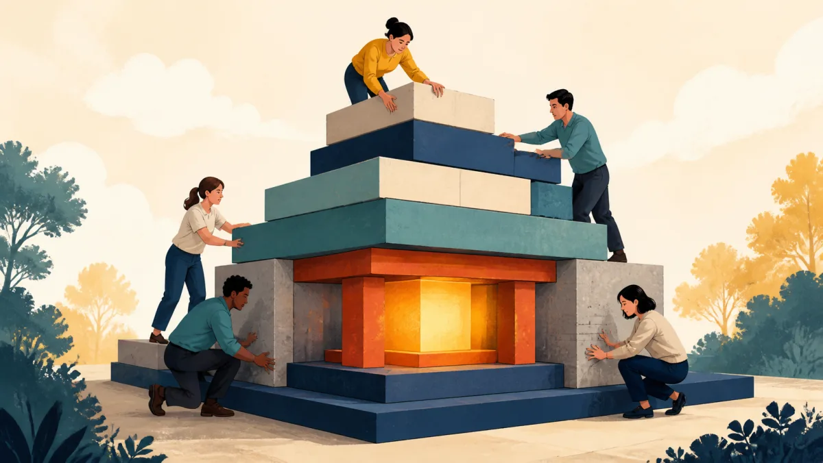 A team builds a layered structure around a glowing component set deep in its foundation