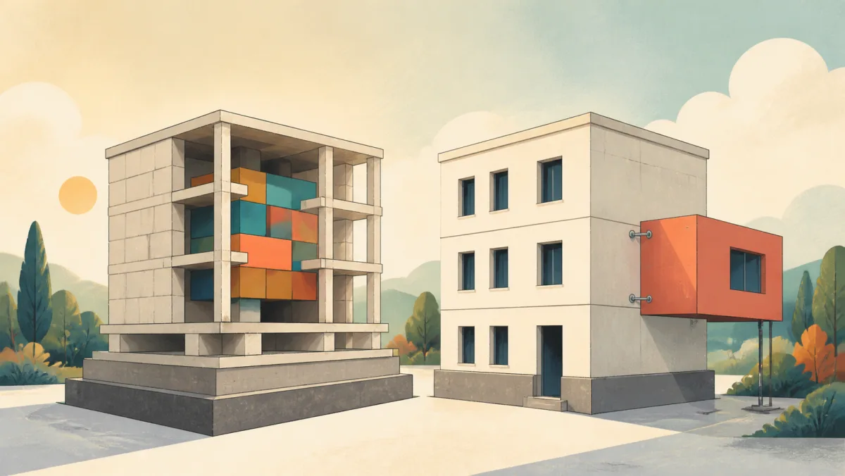 An integrated colorful core contrasts with a separate module bolted onto a finished building