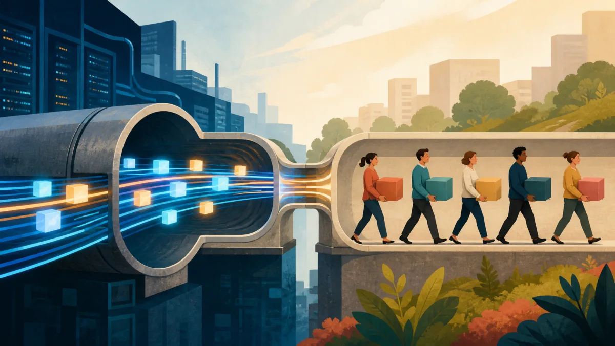 Glowing data blocks and a team carrying work pass through two capacity channels