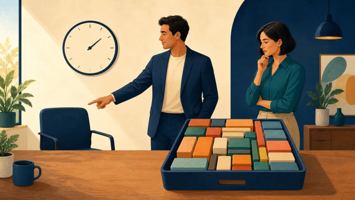 An empty meeting chair and open clock sit beside a tray completely filled with project blocks