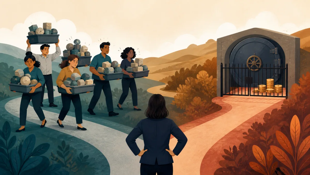 A team carries full work trays on one path while another path ends at a locked coin vault