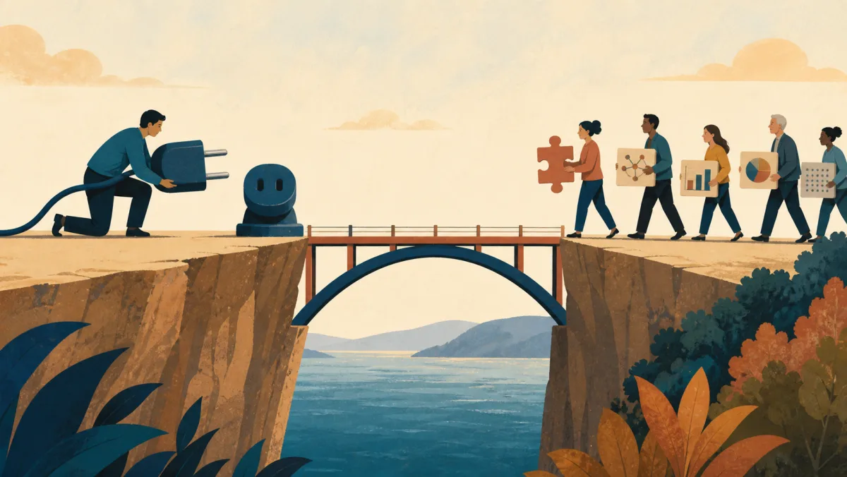 A plug meets a socket while colleagues carry evidence pieces across a bridge