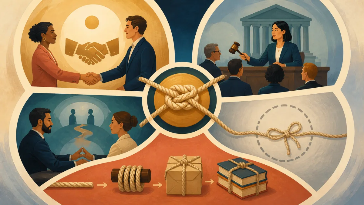 Four connected scenes showing rope, handshake, legal, and mechanical meanings of binding