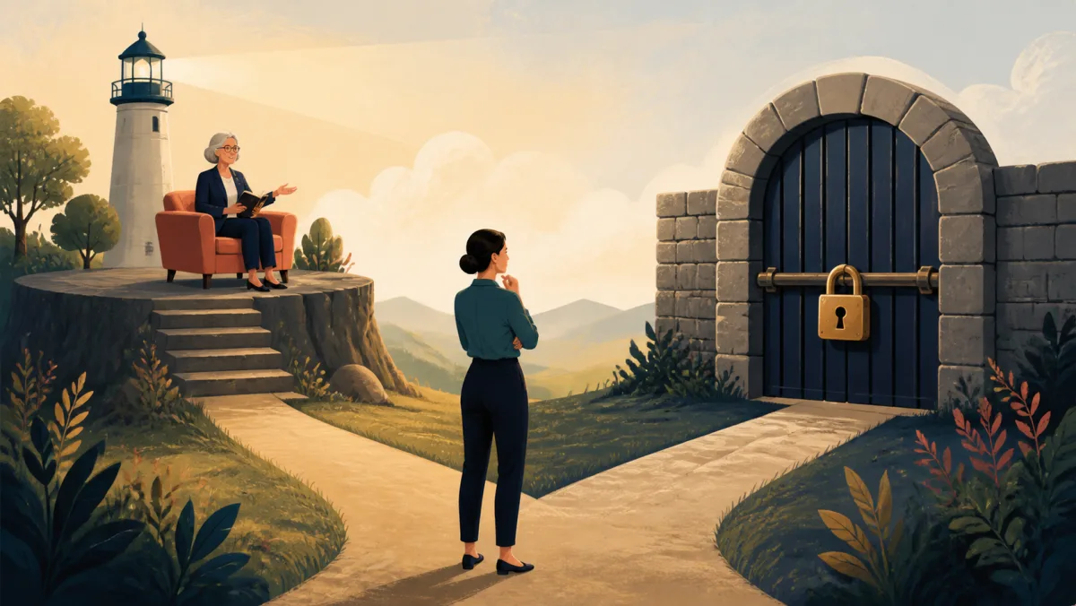 Professional choosing between guidance from an expert beacon and an obligation locked behind a gate
